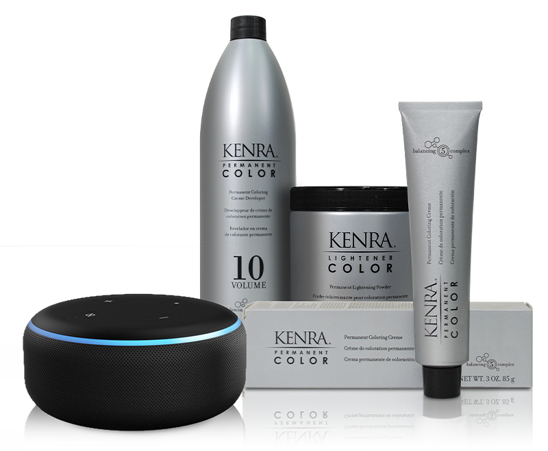 Three Kenra Color professional products — a large developer bottle, a color tube, and a small cylindrical Amazon Echo device — arranged together on a white background. Featured image for blog post: KENRA COLOR VOICE ASSISTANT