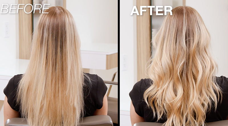 A before-and-after split image showing a woman's hair transformation from dark roots to long, bright blonde face-framing highlighted layers. Featured image for blog post: How To Cut Face-Framing Layers on Fine Hair