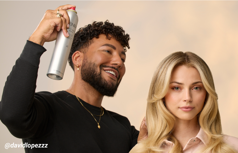 Two models shown from the shoulders up: a man with dark wavy hair on the left and a woman with long, straight golden blonde hair on the right, both against a warm neutral background. Featured image for blog post: Spray, Slay, Repeat with Kenra's Ultimate 