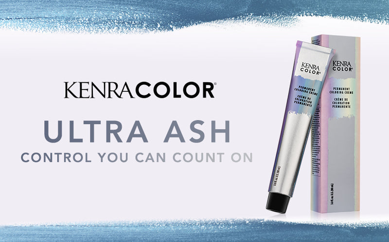 A branded banner for Kenra Color Ultra Ash featuring the product tube and box in silver and lavender packaging beside the text 'Ultra Ash — Control You Can Count On' on a light background with blue brushstroke accents. Featured image for blog post: New! K
