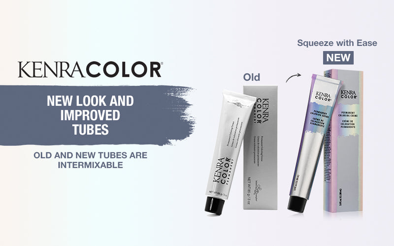 A promotional graphic for Kenra Color showing a side-by-side comparison of the old silver tube and the redesigned new tube and box packaging, with text reading 'New Look and Improved Tubes' and 'Squeeze with Ease' on a light blue-gray background. Featured