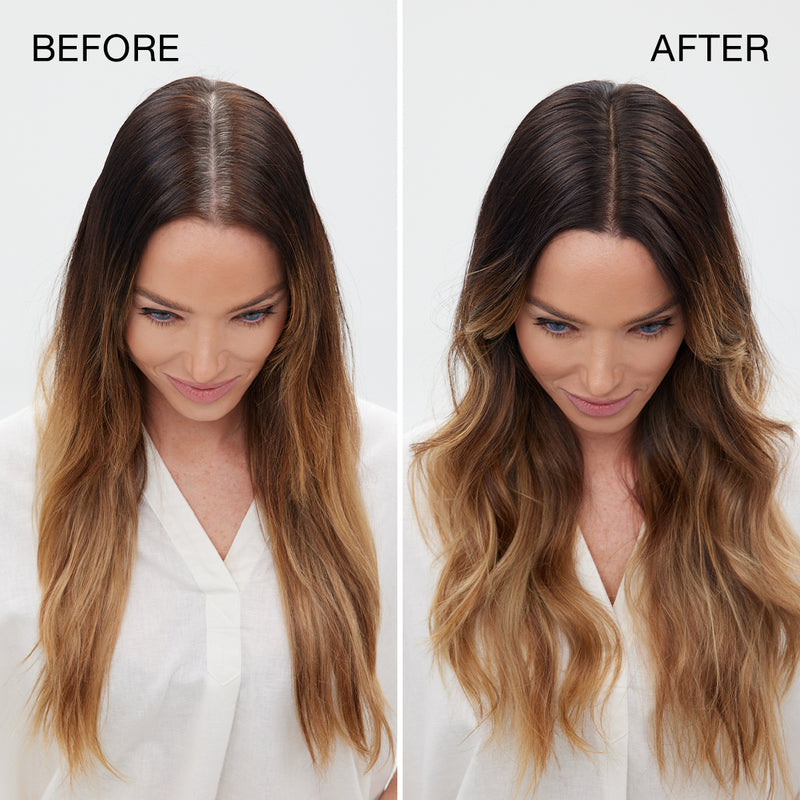 Before and after comparison of a hair transformation from flat dark-to-blonde ombre hair to voluminous beachy waves