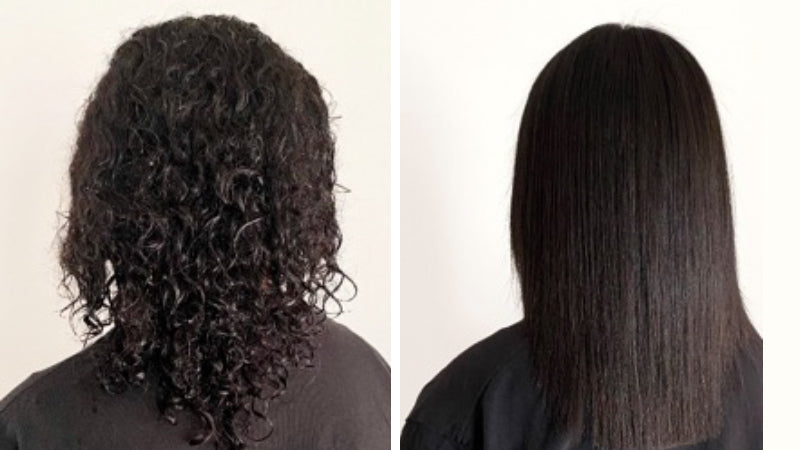 A before-and-after comparison showing the back of a person’s dark hair: on the left, it is voluminous with tight curls; on the right, the same hair has been straightened into a sleek, smooth finish. Featured image for blog post: Everything You Need To Kno