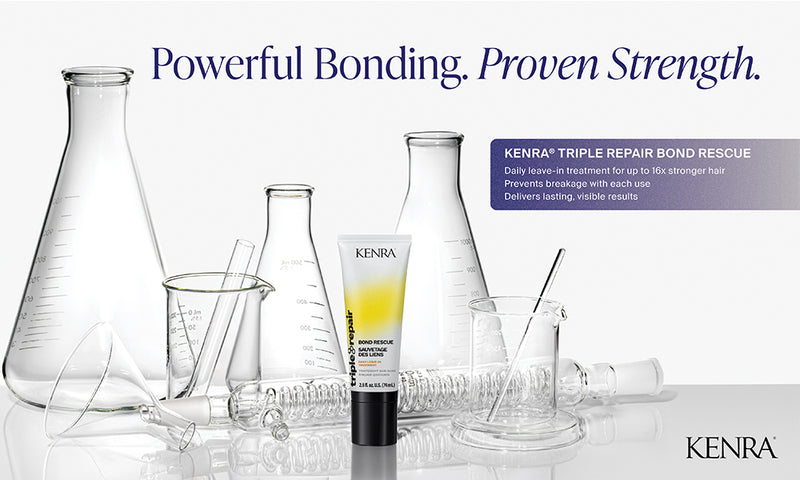 A studio product shot of a Kenra Triple Repair bond treatment in a clear bottle with yellow liquid, surrounded by glass laboratory vessels on a white background. Featured image for blog post: Kenra Triple Repair Hair Care: A Bond Like No Other