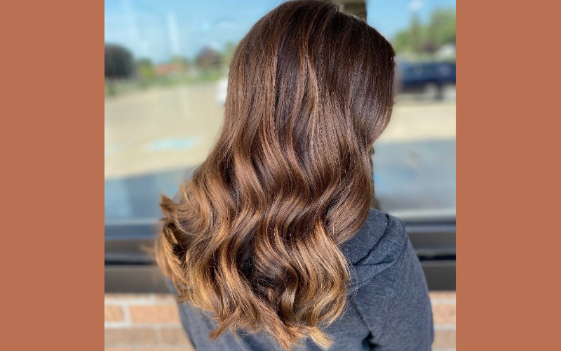 A woman photographed from behind showing long hair in a warm caramel-brown balayage with soft, sun-kissed highlights blending toward the ends, in natural outdoor light. Featured image for blog post: Fall is in the Hair with Kenra Color Sunrise and Monochr