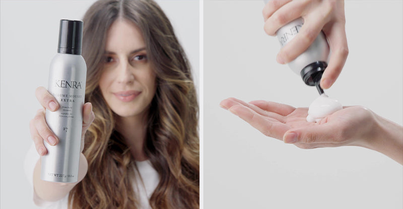 A woman with long, dark wavy hair holds a Kenra Professional styling spray can while looking toward the camera in a soft-focus setting. Featured image for blog post: The Best Style and Care Hacks for Fine Hair