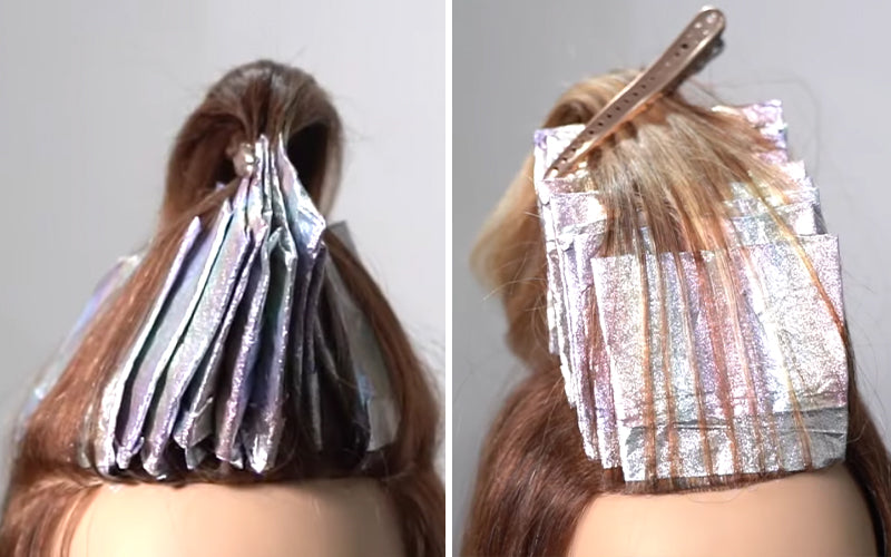 A side-by-side close-up showing two foil placement techniques on dark hair: one with vertically stacked foils and another with foils arranged in a fanned pattern. Featured image for blog post: Horizontal Mohawk vs. Fan Foil Placements: When and How to Use