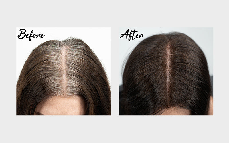 A before-and-after close-up of a woman's crown area showing natural salt-and-pepper gray roots on the left transforming to beautifully blended silver-gray color on the right. Featured image for blog post: The Best Professional Hair Color For Embracing You