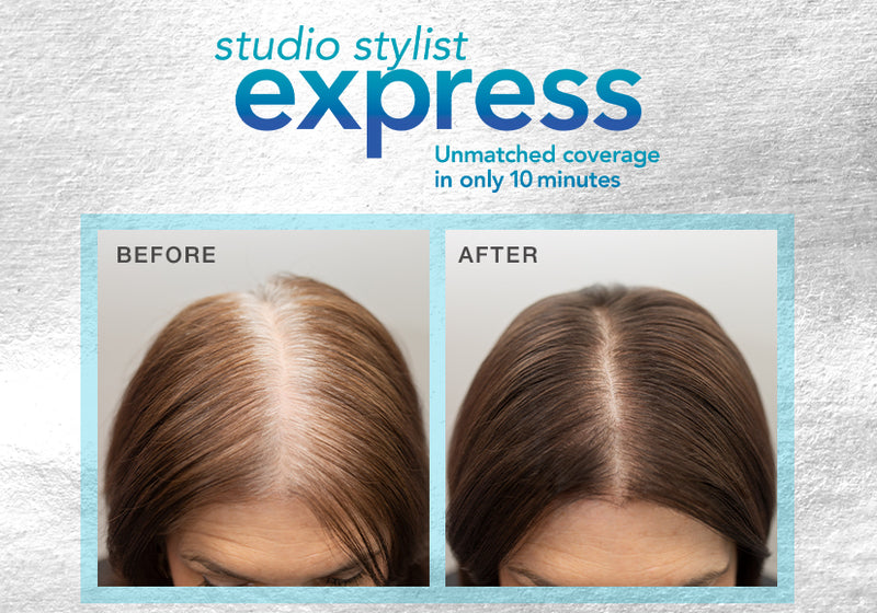 An advertisement banner for Kenra’s Studio Stylist Express color showing a before-and-after comparison: on the left, fine hair with visible gray roots; on the right, the same hair with roots fully covered and a more uniform tone. Featured image for blog p