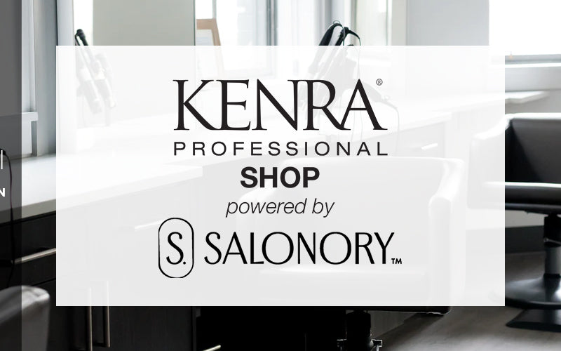 A branded graphic displaying the text "Kenra Professional Shop powered by Salonory" in clean typography, with the Kenra and Salonory logos on a light grey background. Featured image for blog post: Kenra Shop powered by Salonory