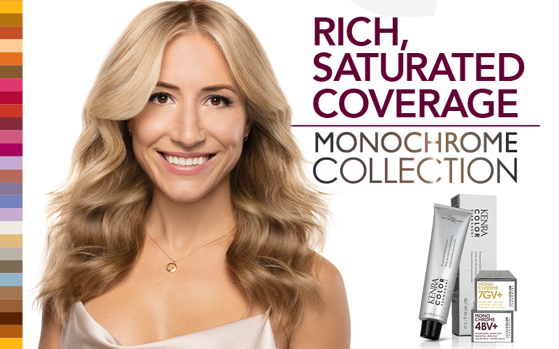 A promotional graphic for the Kenra Color Monochrome Collection featuring a smiling blonde woman alongside an array of hair color product tubes, with the text 'Rich, Saturated Coverage' displayed prominently. Featured image for blog post: Make Way for The