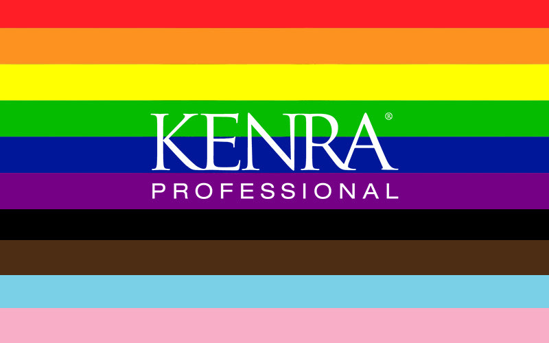 A graphic featuring the Kenra Professional logo centered on a background of horizontal rainbow Pride flag stripes, including the traditional colors plus black and brown inclusive representation stripes. Featured image for blog post: Celebrating our Kenra 