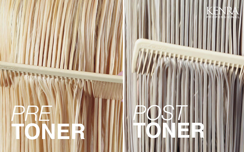 A side-by-side comparison graphic showing blonde hair strands labeled pre toner and post toner, demonstrating a dramatic toning effect. Featured image for blog post: What Is Hair Toner and How Do You Use It?