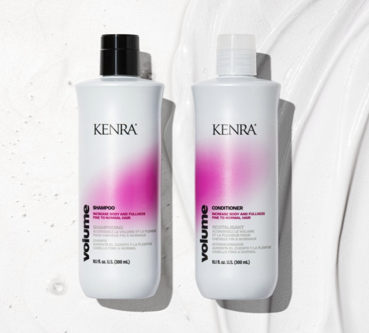 Two Kenra Volume shampoo and conditioner bottles side by side on a white background