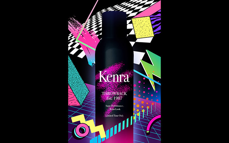 A Kenra Volume Spray 25 can displayed against a dark background overlaid with bold geometric neon-colored graphic patterns in a retro digital art style. Featured image for blog post: Kenra Throwback NFT