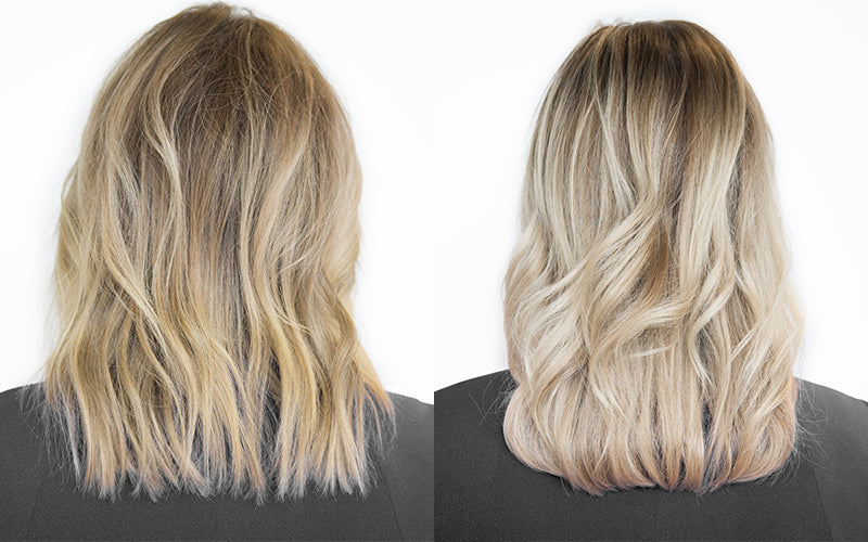 A before-and-after side-by-side showing the back of a woman's shoulder-length hair: the left panel shows brassier yellow-toned blonde, the right panel shows cooler, ashier platinum blonde. Featured image for blog post: How To Fix Blonde Hair That's Gone Y